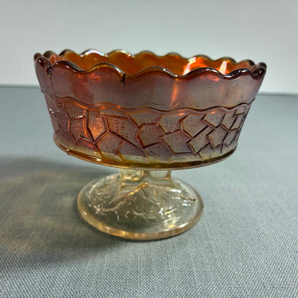 Vintage Marigold Carnival Glass Pedestal Candy Dish Scalloped Bowl 4 Inch